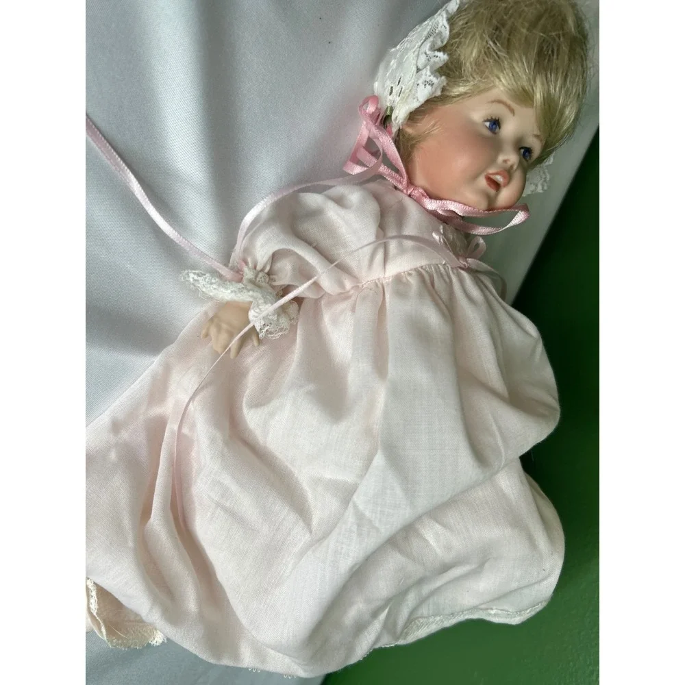 Vintage Porcelain Baby Doll Pink Lace Gown Bonnet Hand Painted Blue Eyes Blonde